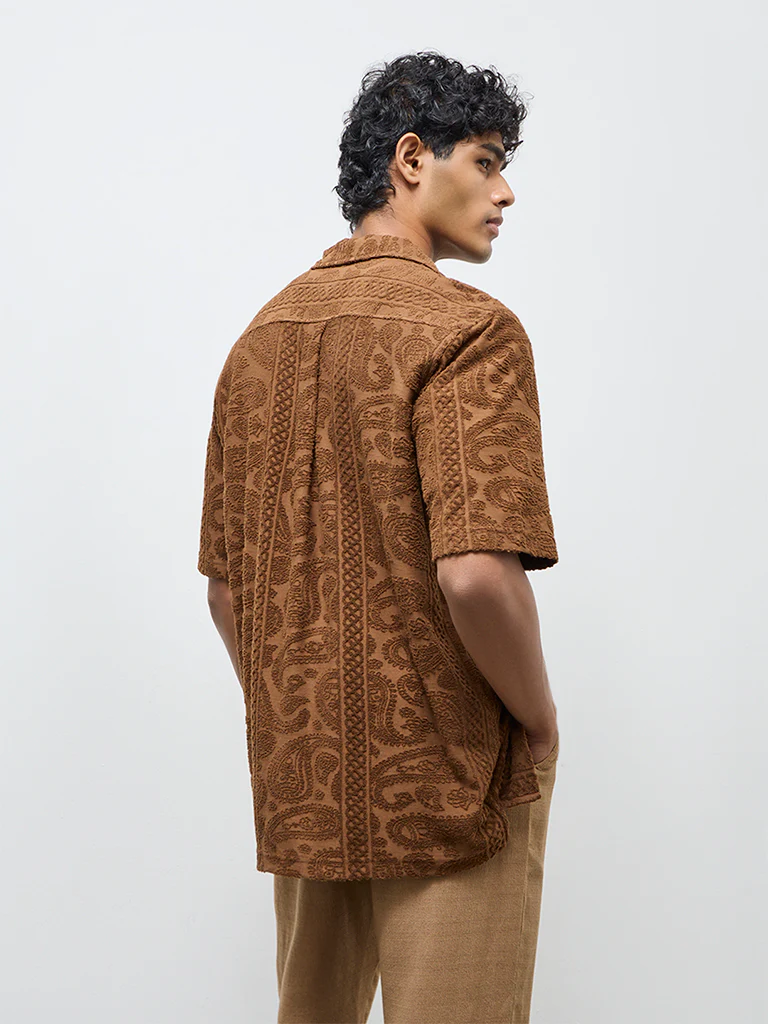 ETA Tan Paisley Embroidered Relaxed-Fit Cotton-Blend Shirt - Image 5