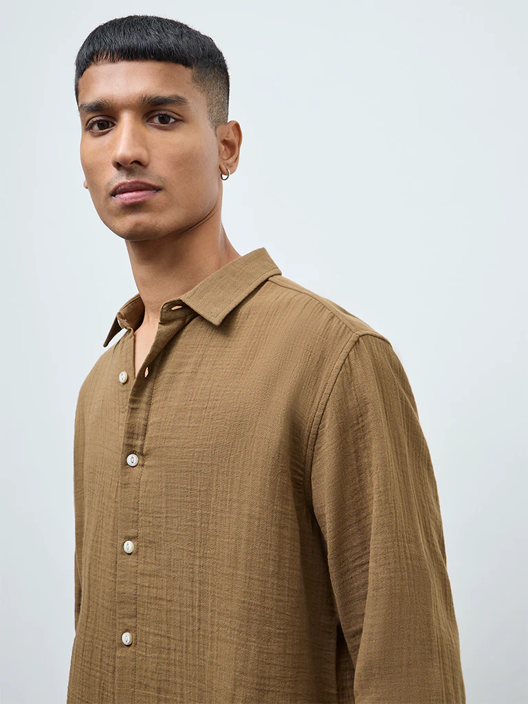 ETA Taupe Crinkle-Textured Relaxed-Fit Cotton Shirt - Image 4