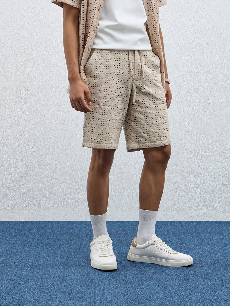 ETA Taupe Cut-Out Detailed Mid-Rise Cotton-Blend Shorts - Image 3