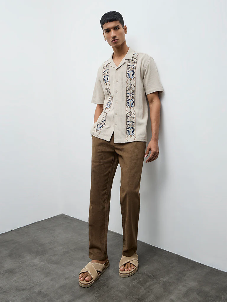 ETA Taupe Floral Embroidered Relaxed-Fit Cotton Shirt