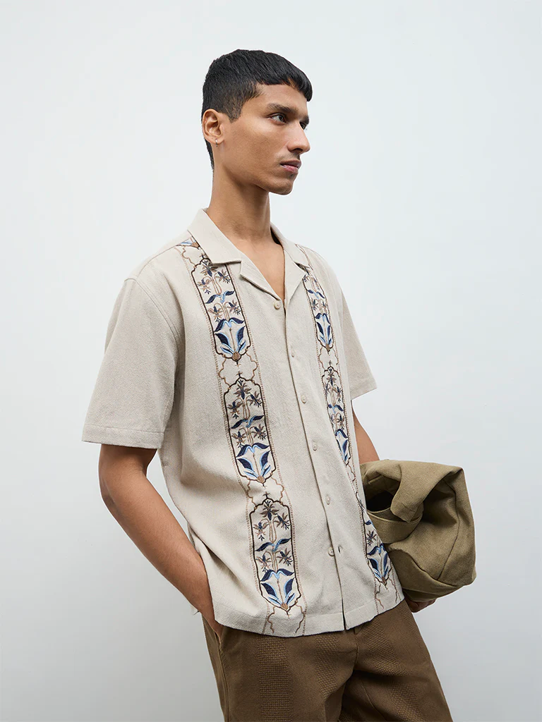 ETA Taupe Floral Embroidered Relaxed-Fit Cotton Shirt - Image 2