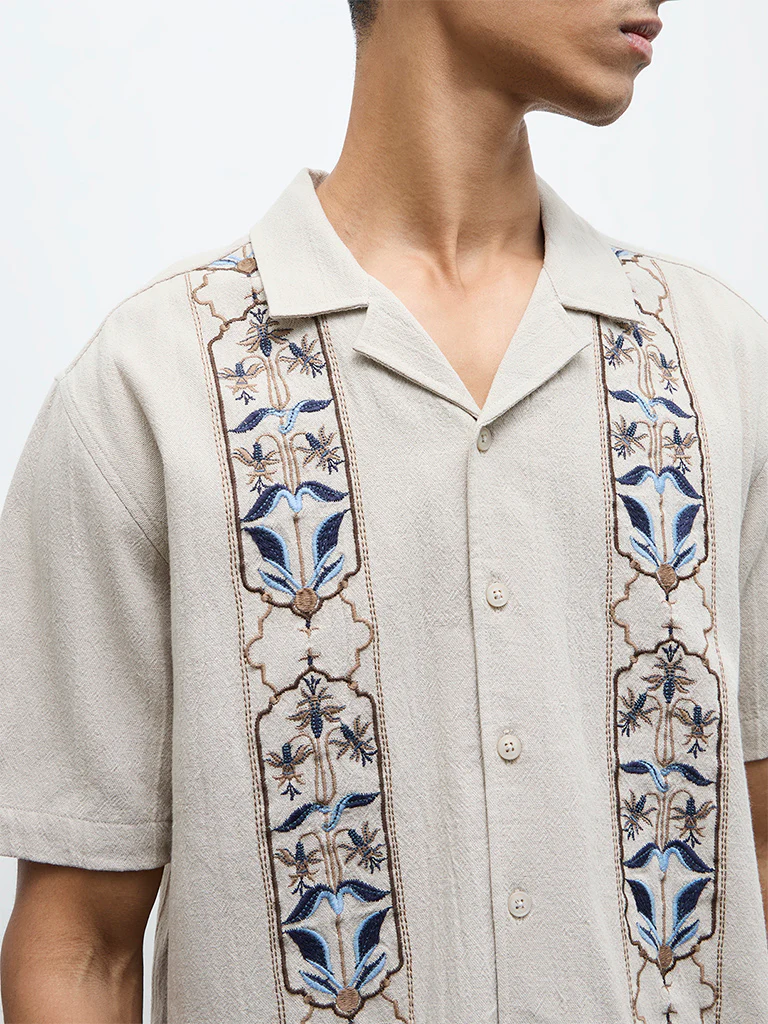 ETA Taupe Floral Embroidered Relaxed-Fit Cotton Shirt - Image 3