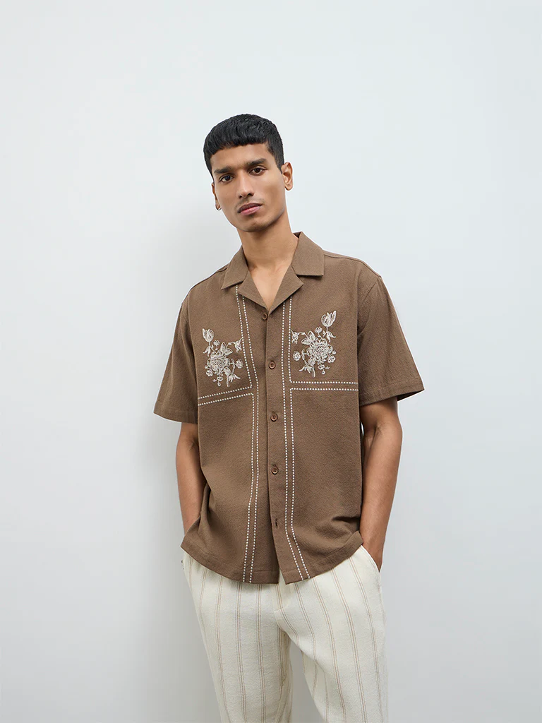 ETA Taupe Floral Embroidered Relaxed-Fit Cotton Shirt