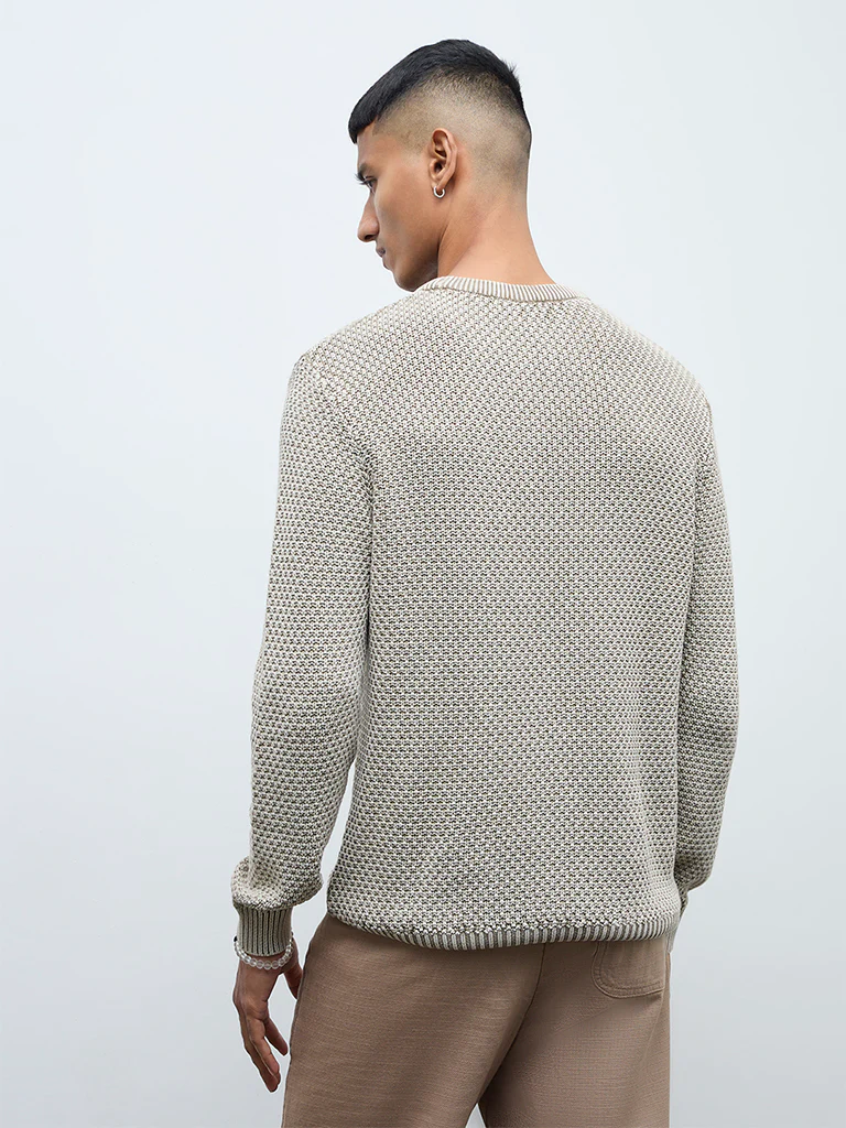 ETA Taupe Knitted-Textured Relaxed-Fit Cotton Sweater - Image 5