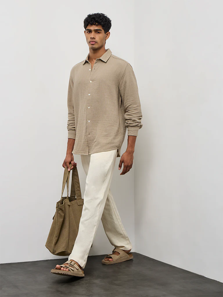 ETA Taupe Striped Relaxed-Fit Cotton Shirt - Image 2