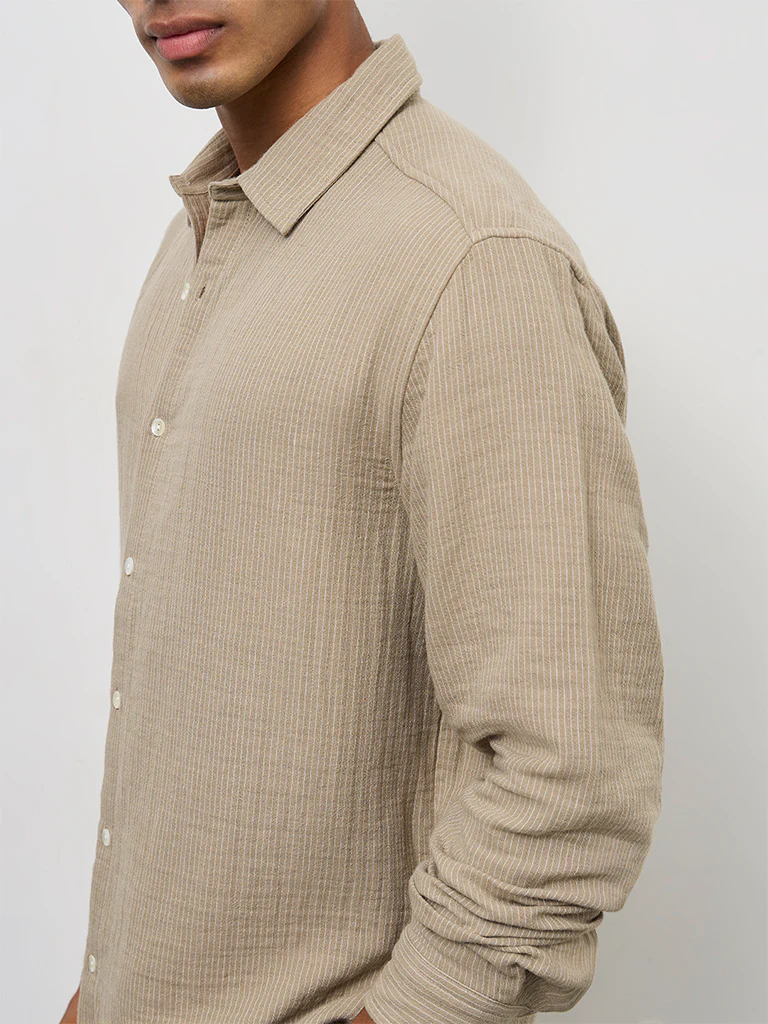 ETA Taupe Striped Relaxed-Fit Cotton Shirt - Image 3