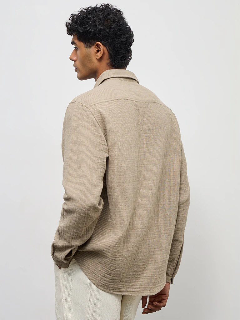 ETA Taupe Striped Relaxed-Fit Cotton Shirt - Image 4