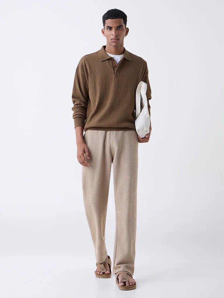ETA Taupe Textured Relaxed-Fit Cotton-Blend Polo Sweater - Image 3