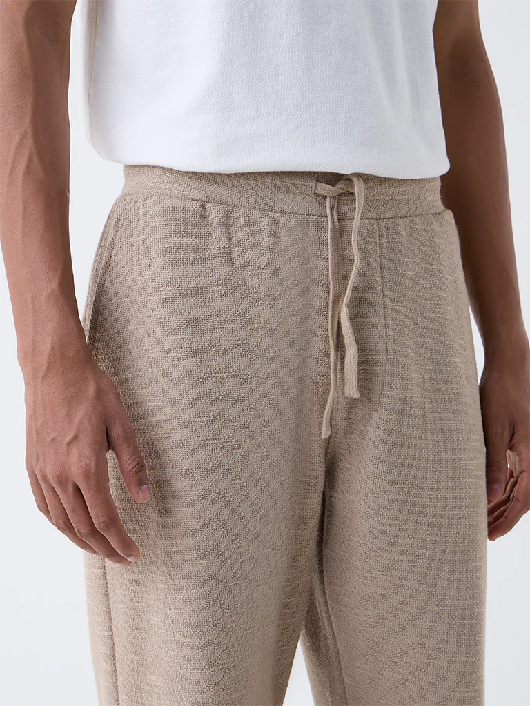 ETA Taupe Textured Relaxed-Fit Mid-Rise Cotton-Blend Pants - Image 3