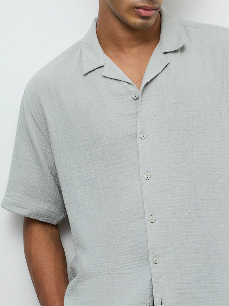 ETA Teal Crinkle-Textured Relaxed-Fit Cotton Shirt - Image 3