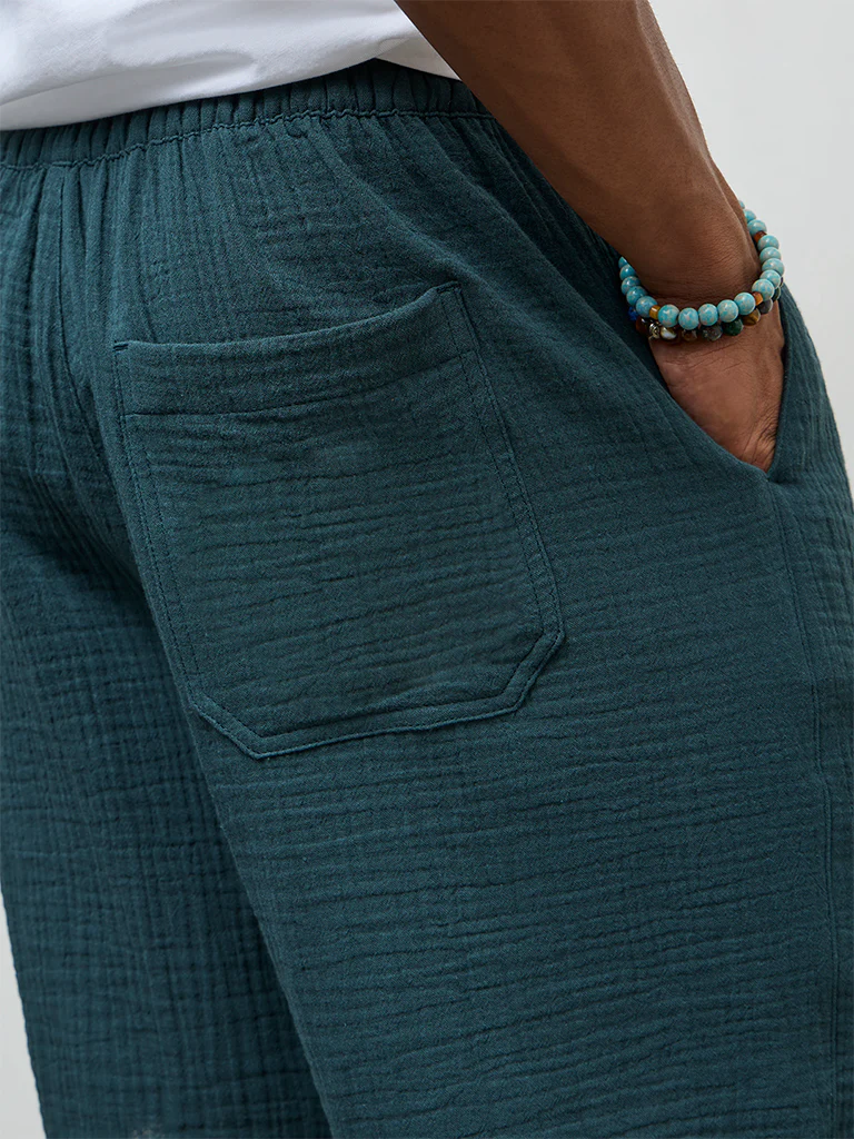 ETA Teal Crinkle-Textured Relaxed-Fit Mid-Rise Cotton Shorts - Image 3