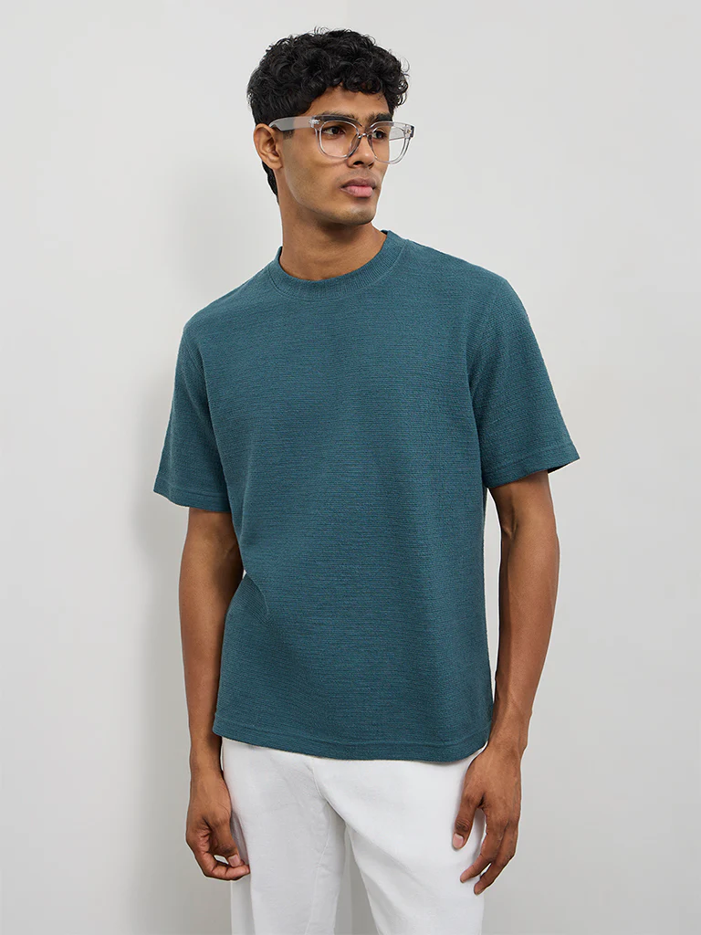 ETA Teal Textured Relaxed-Fit Cotton-Blend T-Shirt - Image 3