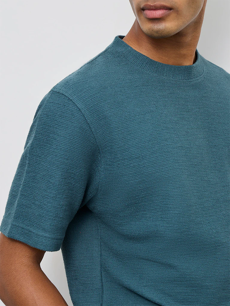 ETA Teal Textured Relaxed-Fit Cotton-Blend T-Shirt - Image 4