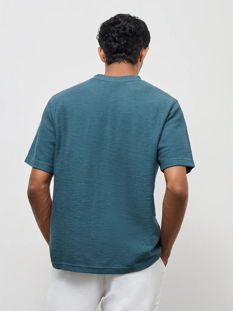 ETA Teal Textured Relaxed-Fit Cotton-Blend T-Shirt - Image 5