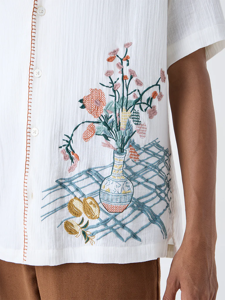 ETA White Embroidered Resort-Fit Cotton Shirt - Image 3