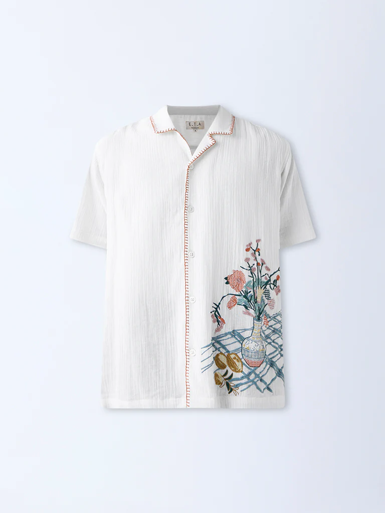 ETA White Embroidered Resort-Fit Cotton Shirt - Image 5