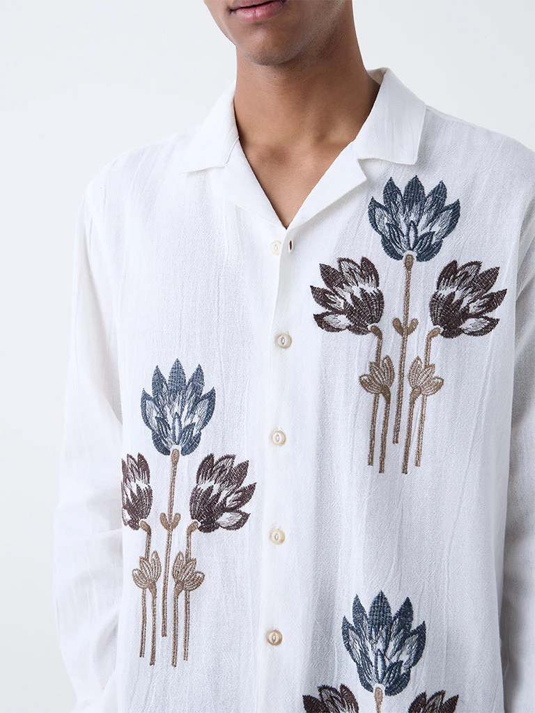 ETA White Floral Embroidered Relaxed-Fit Cotton Shirt - Image 3