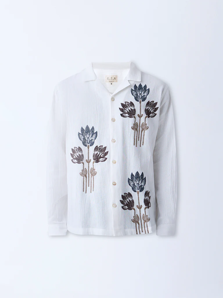 ETA White Floral Embroidered Relaxed-Fit Cotton Shirt - Image 5