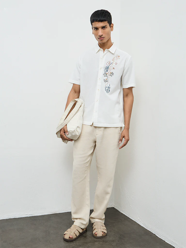 ETA White Floral Embroidered Relaxed-Fit Cotton Shirt - Image 2