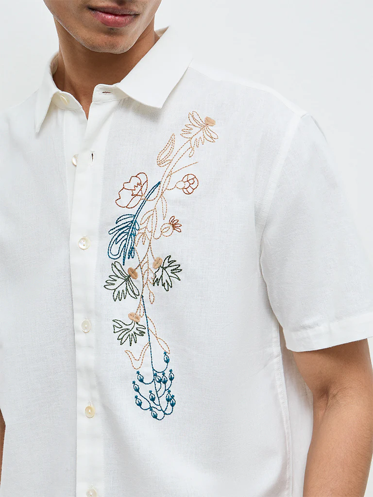 ETA White Floral Embroidered Relaxed-Fit Cotton Shirt - Image 3