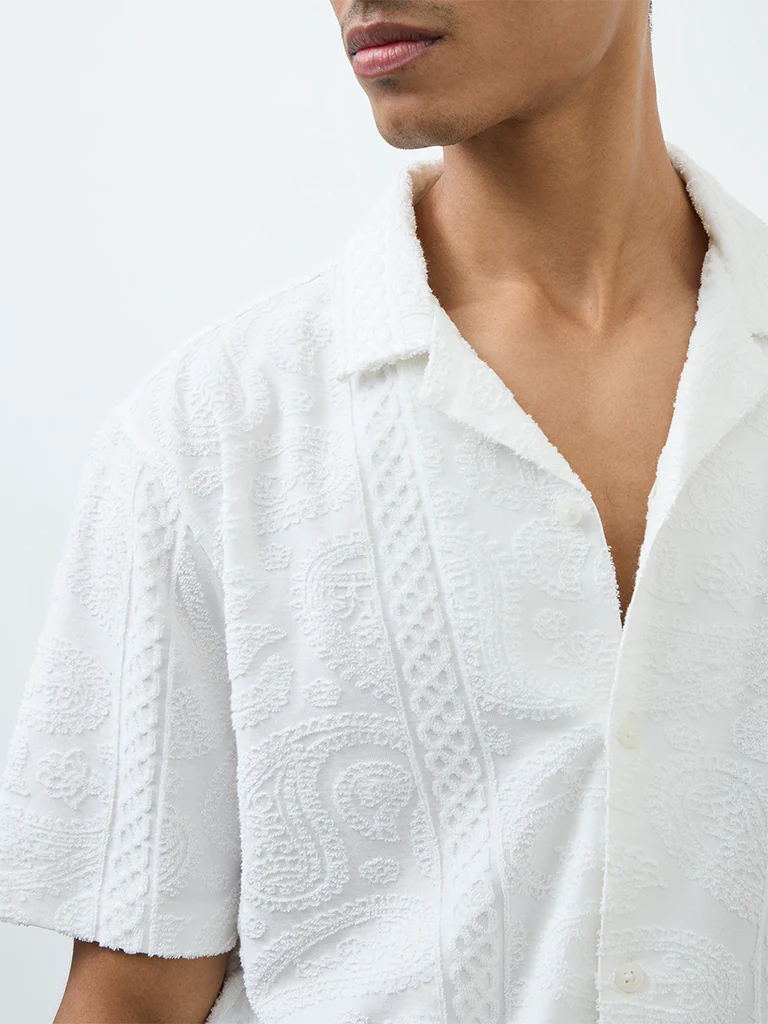 ETA White Paisley Textured Relaxed-Fit Cotton-Blend Shirt - Image 4