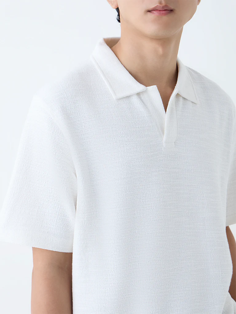 ETA White Self Relaxed-Fit Cotton-Blend Polo T-Shirt - Image 3