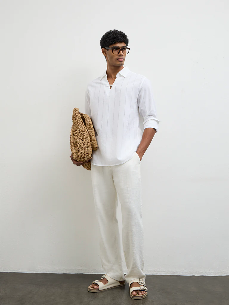 ETA White Self-Striped Relaxed-Fit Cotton-Blend Shirt - Image 3