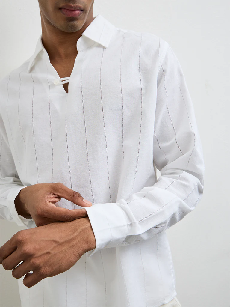 ETA White Self-Striped Relaxed-Fit Cotton-Blend Shirt - Image 4
