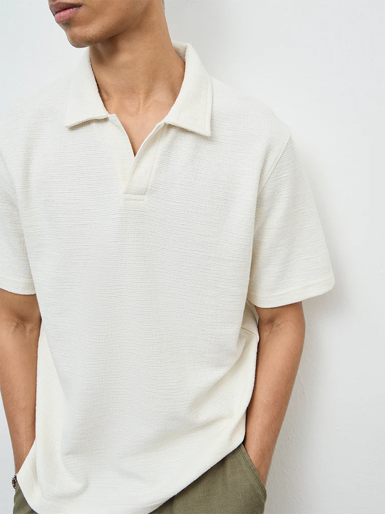 ETA White Self-Textured Relaxed-Fit Cotton-Blend Polo T-Shirt - Image 3