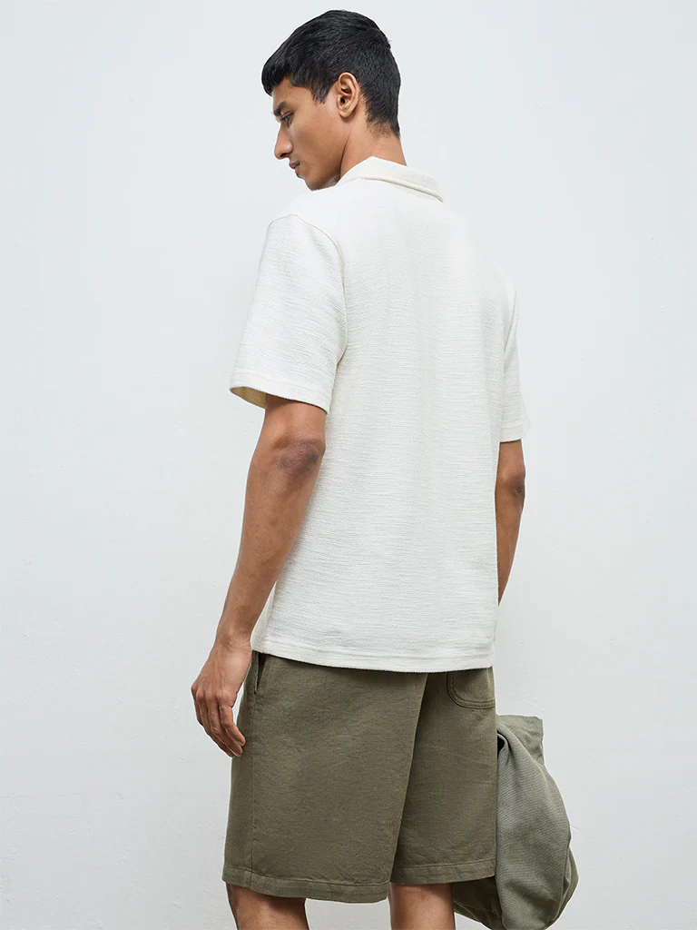 ETA White Self-Textured Relaxed-Fit Cotton-Blend Polo T-Shirt - Image 4