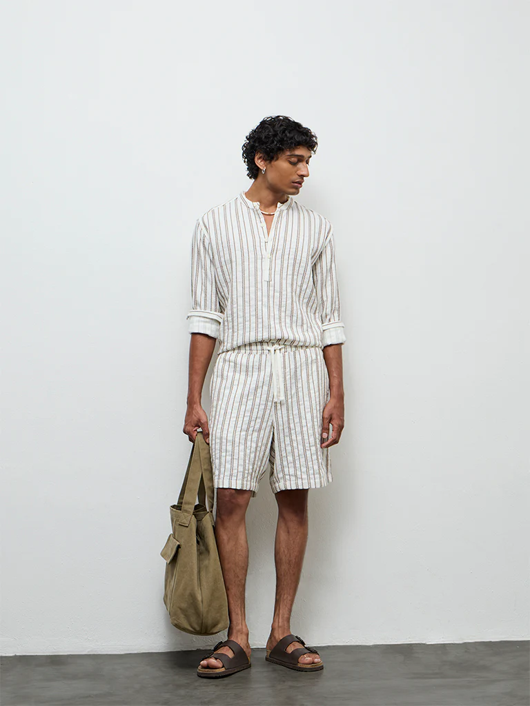 ETA White Striped Relaxed-Fit Mid-Rise Cotton Shorts - Image 2