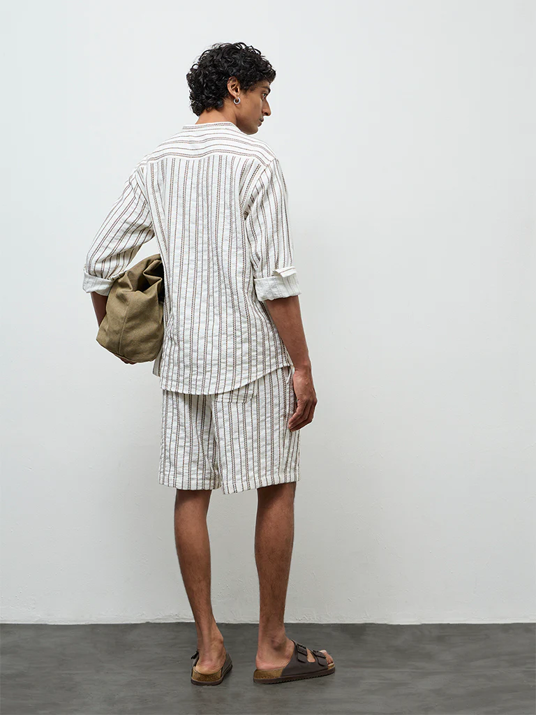 ETA White Striped Relaxed-Fit Mid-Rise Cotton Shorts - Image 4