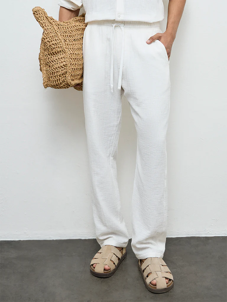 ETA White Textured Relaxed-Fit Mid-Rise Cotton Chinos - Image 2