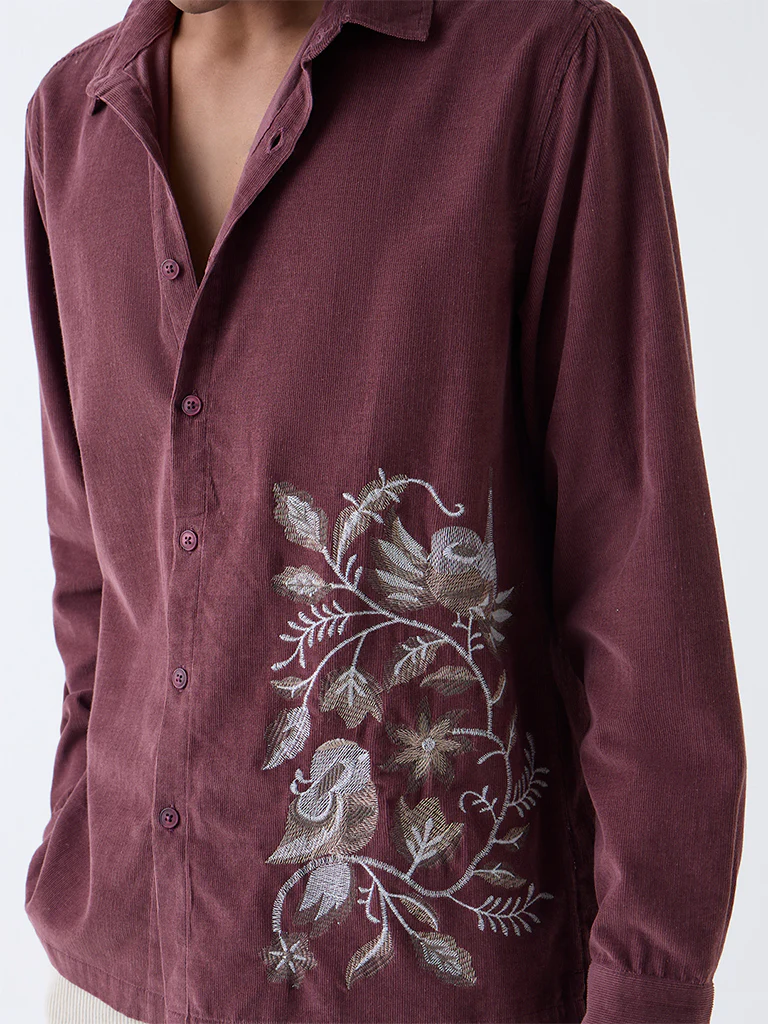 ETA Wine Embroidered Relaxed-Fit Corduroy Shirt - Image 3