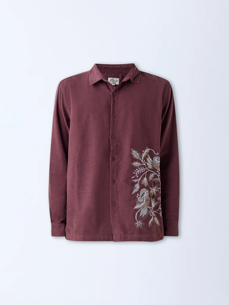 ETA Wine Embroidered Relaxed-Fit Corduroy Shirt - Image 5