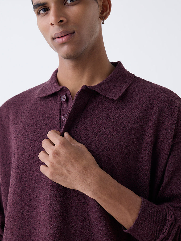 ETA Wine Knit Textured Relaxed-Fit Cotton-Blend Polo Sweater - Image 4