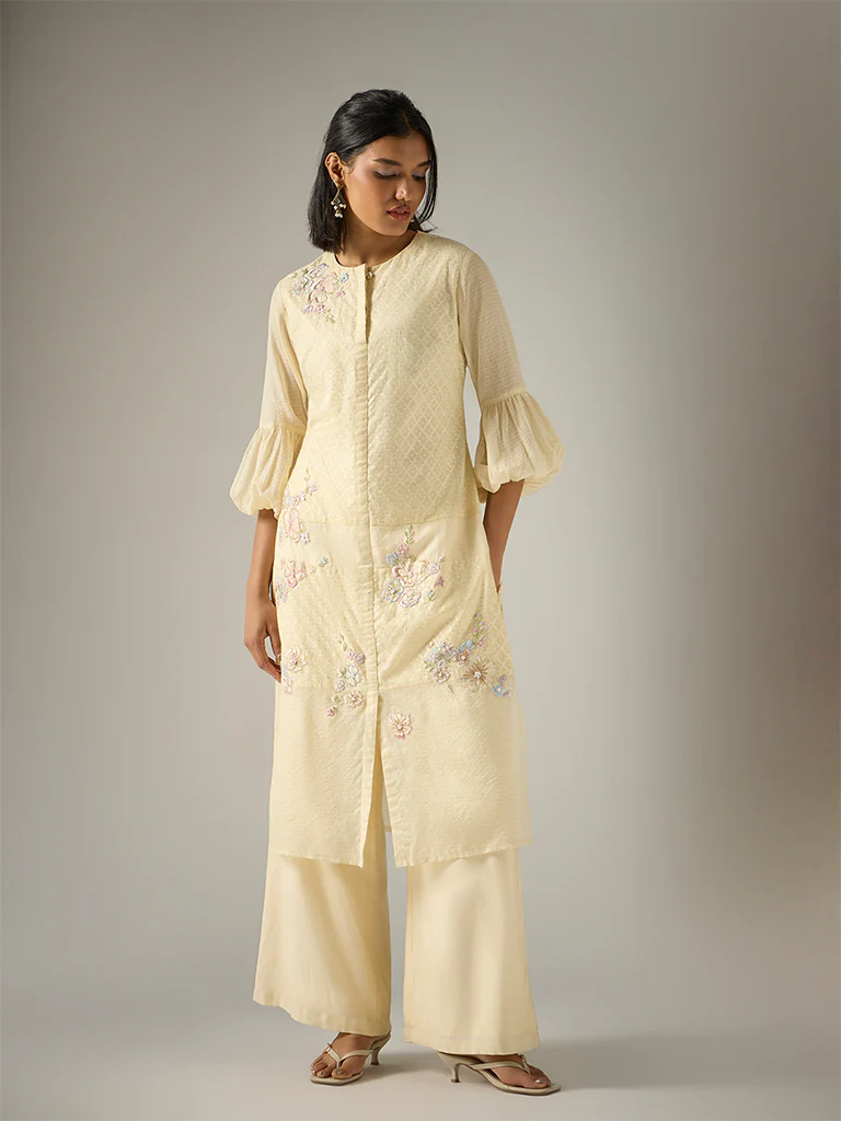 Floral Embroidered Kurta β Cream - Image 2