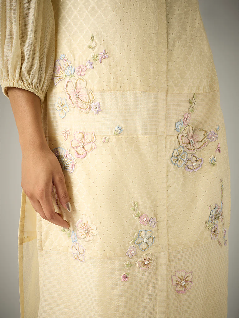 Floral Embroidered Kurta β Cream - Image 3