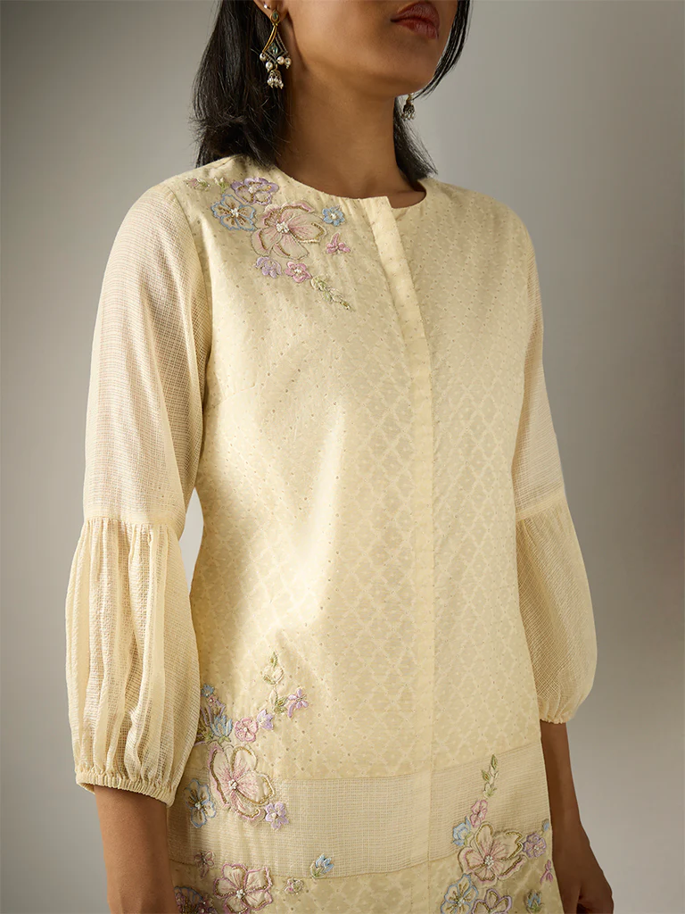 Floral Embroidered Kurta β Cream - Image 4