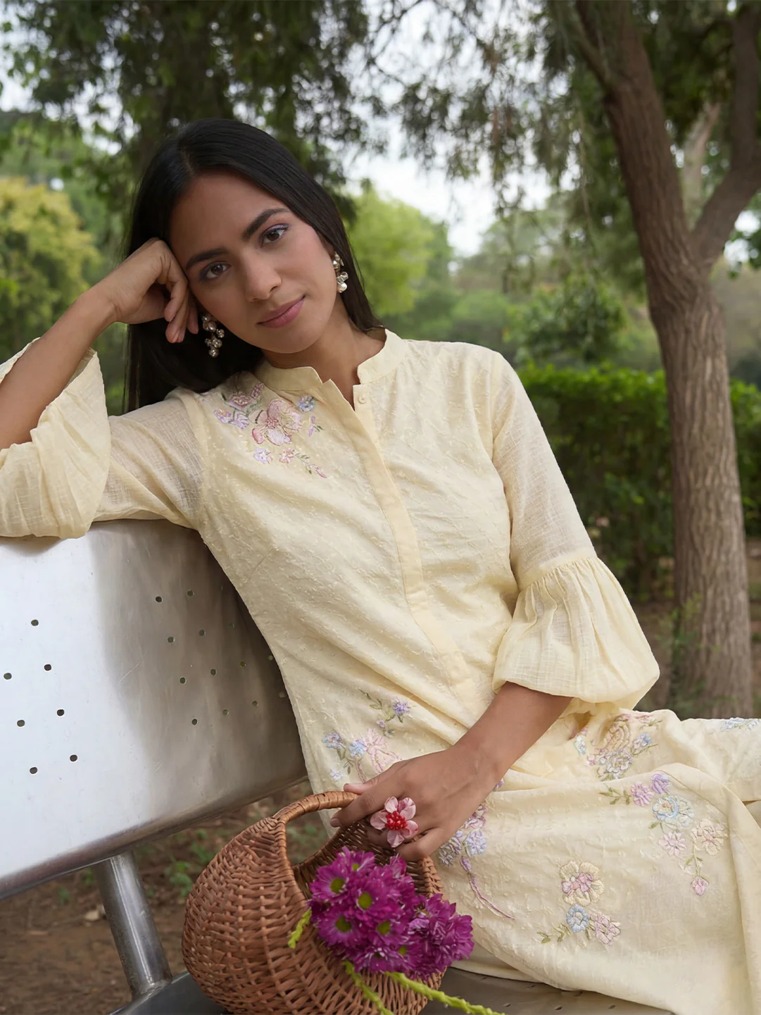 Floral Embroidered Kurta β Cream - Image 6