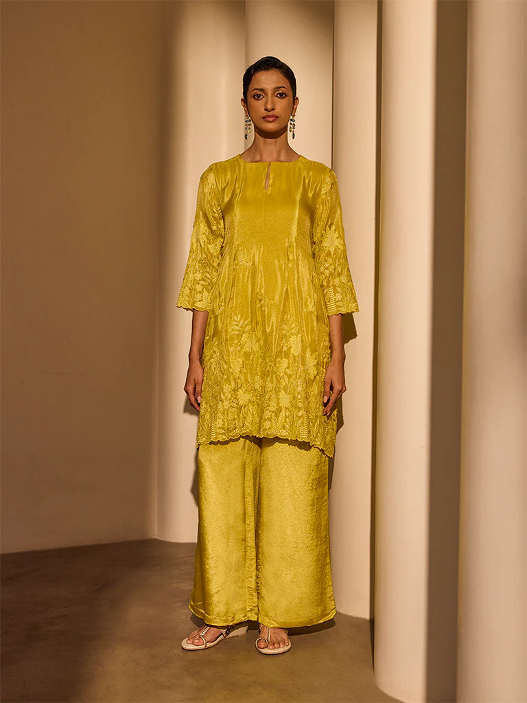 Floral Embroidered Kurta - Yellow