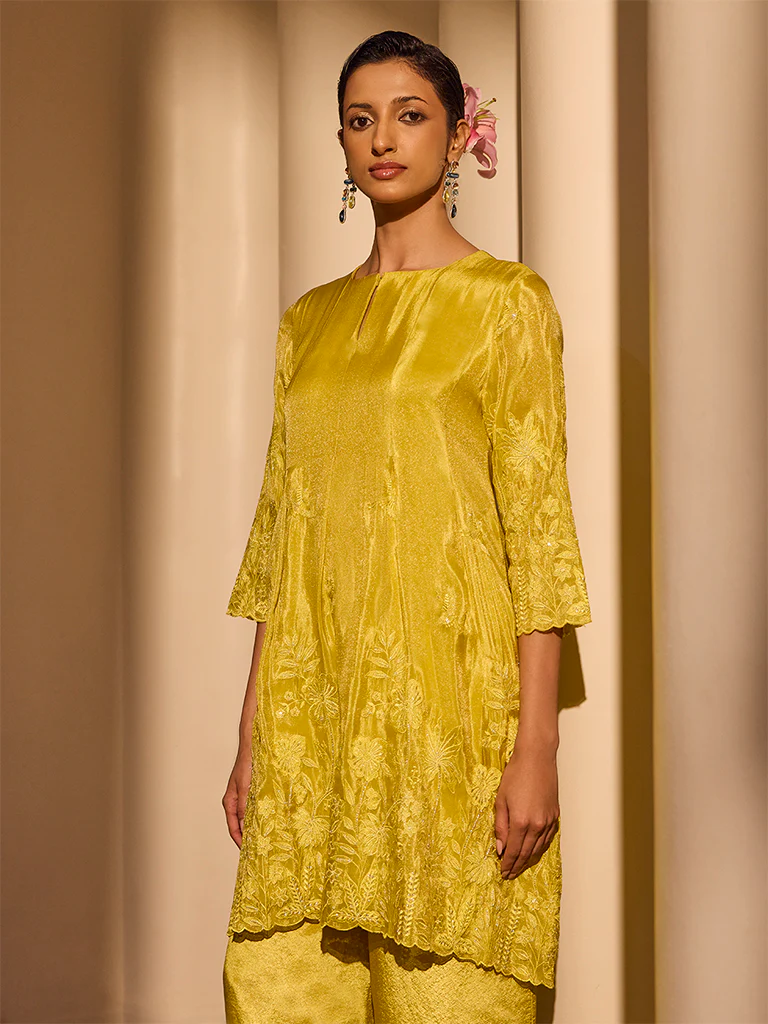 Floral Embroidered Kurta - Yellow - Image 2