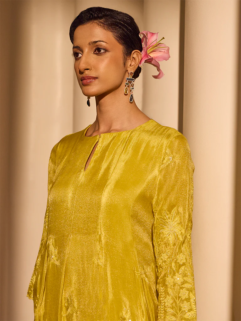 Floral Embroidered Kurta - Yellow - Image 3