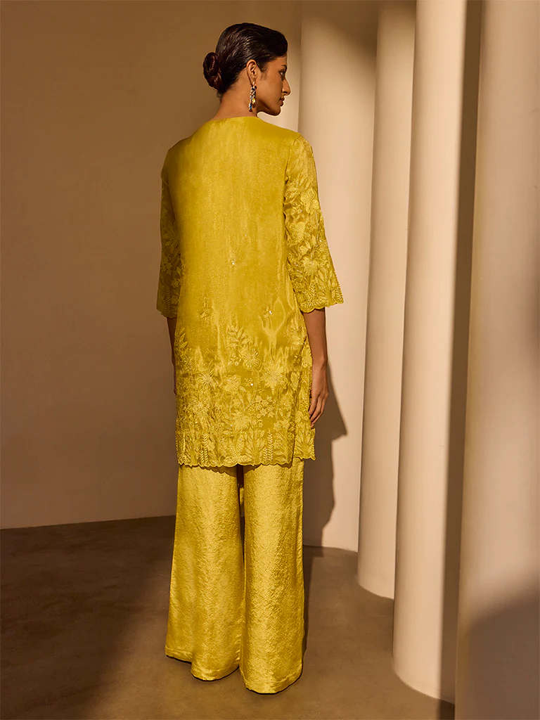 Floral Embroidered Kurta - Yellow - Image 4