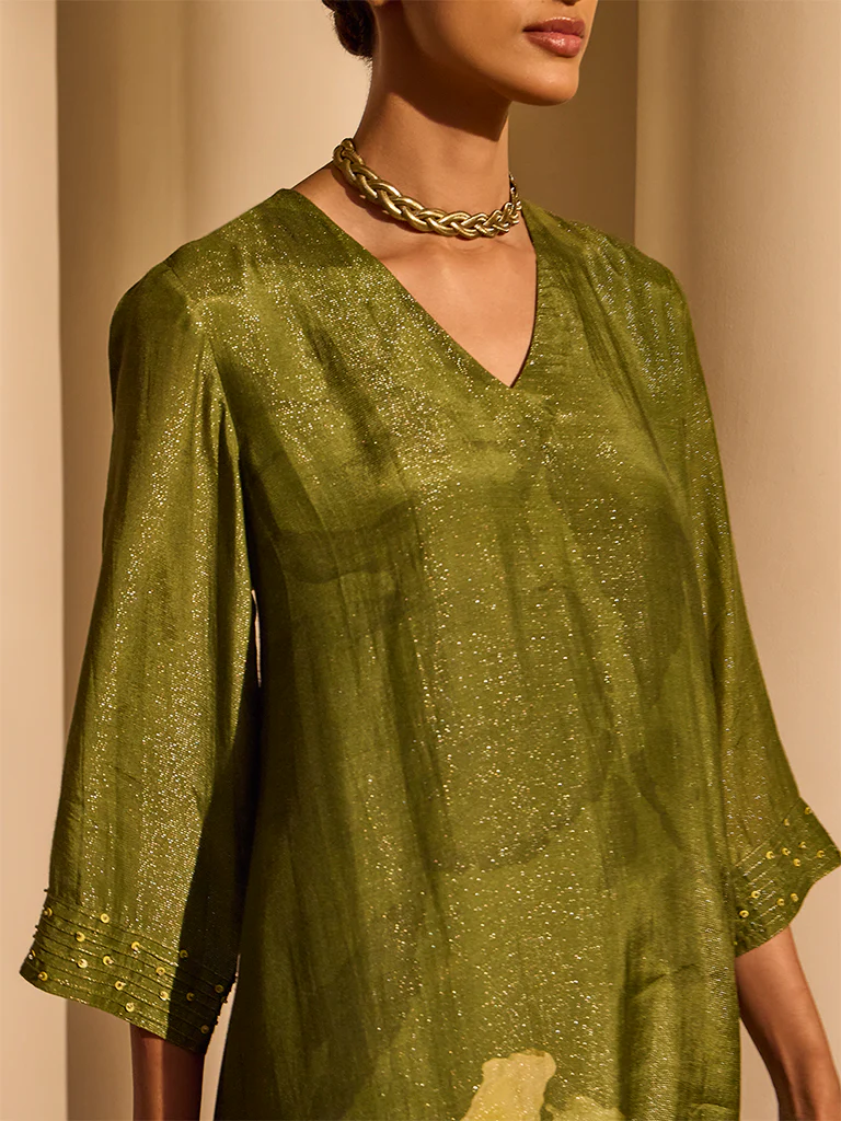 Floral Printed Kurta - Olive - Image 3