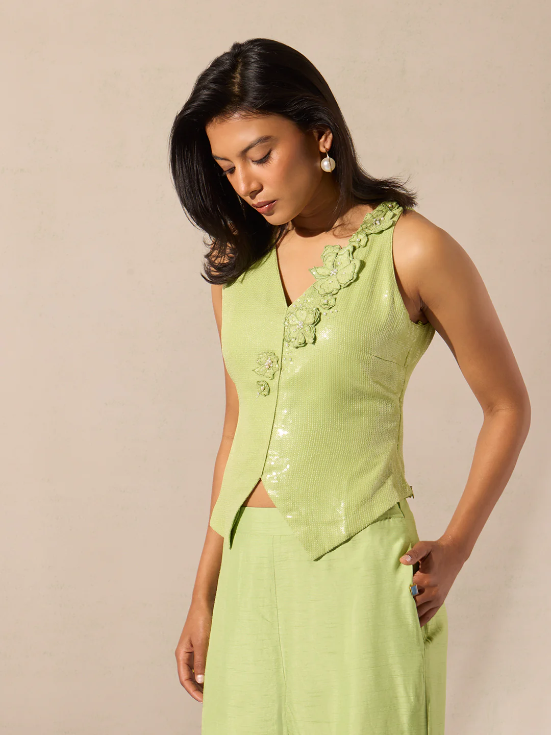Floral Waistcoat Top - Green - Image 3