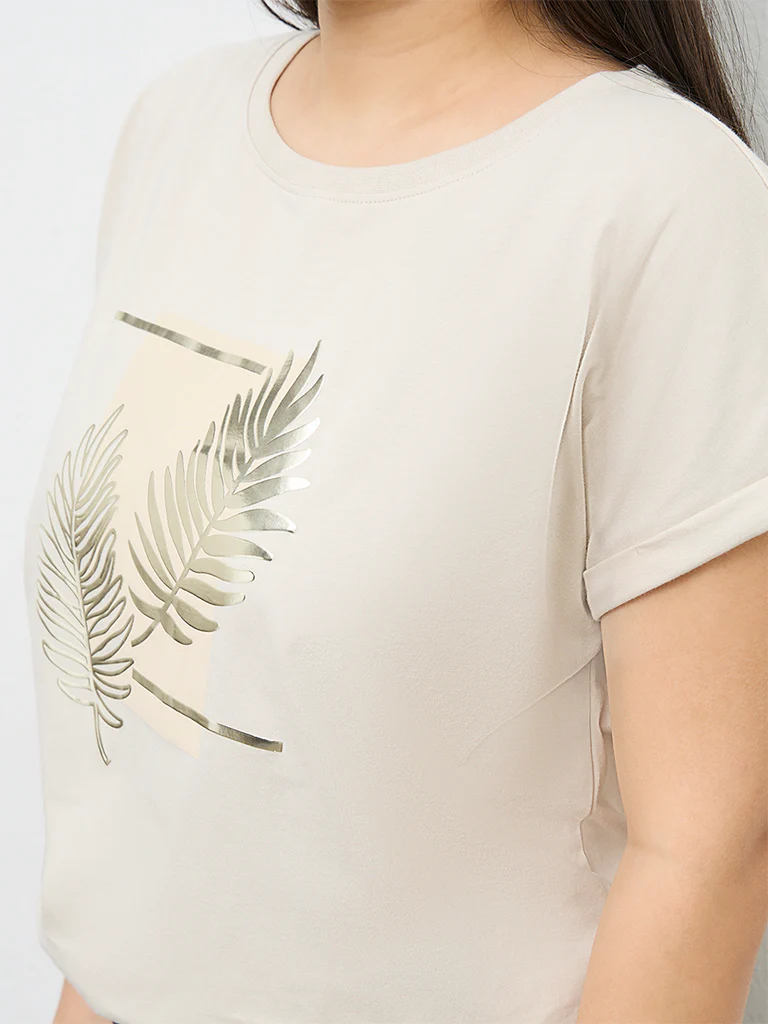 Gia Beige Botanical Printed Cotton T-Shirt - Image 3