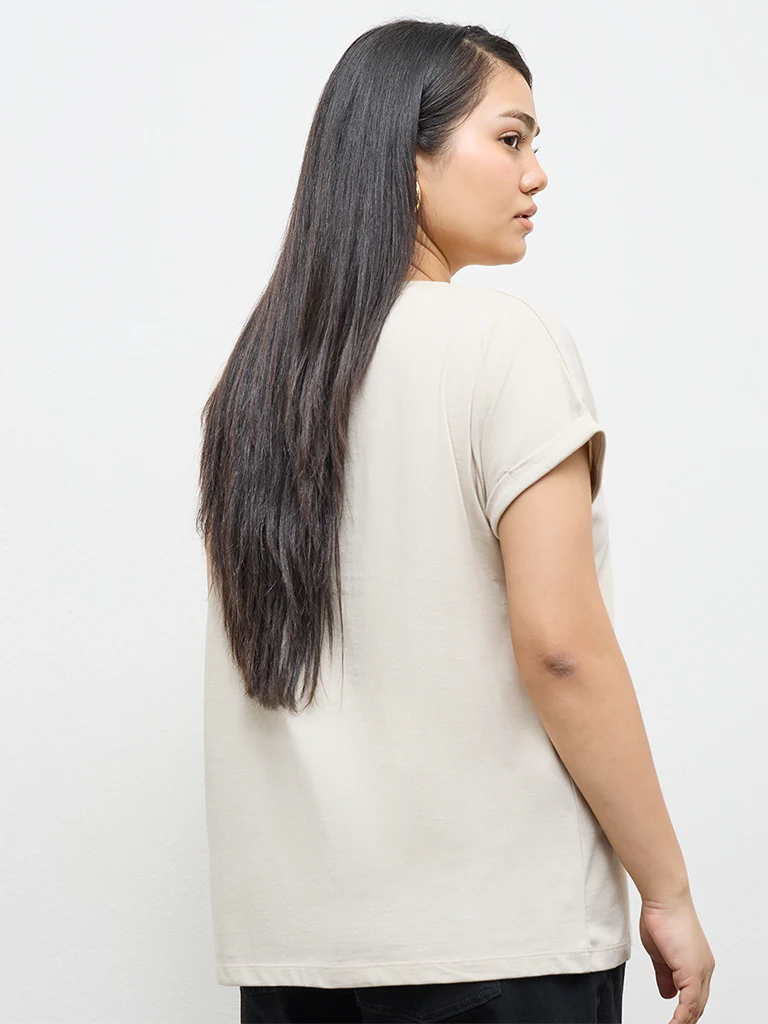 Gia Beige Botanical Printed Cotton T-Shirt - Image 4