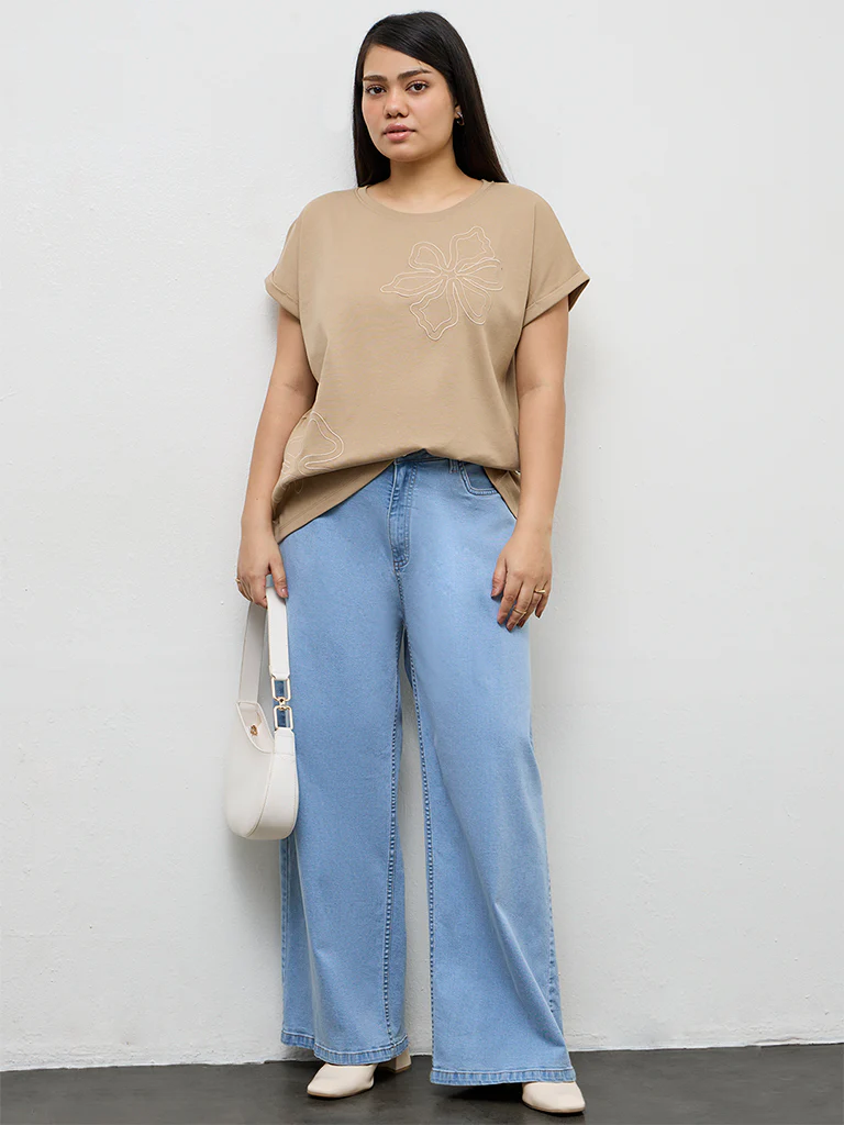 Gia Beige Floral Design Cotton T-Shirt - Image 2