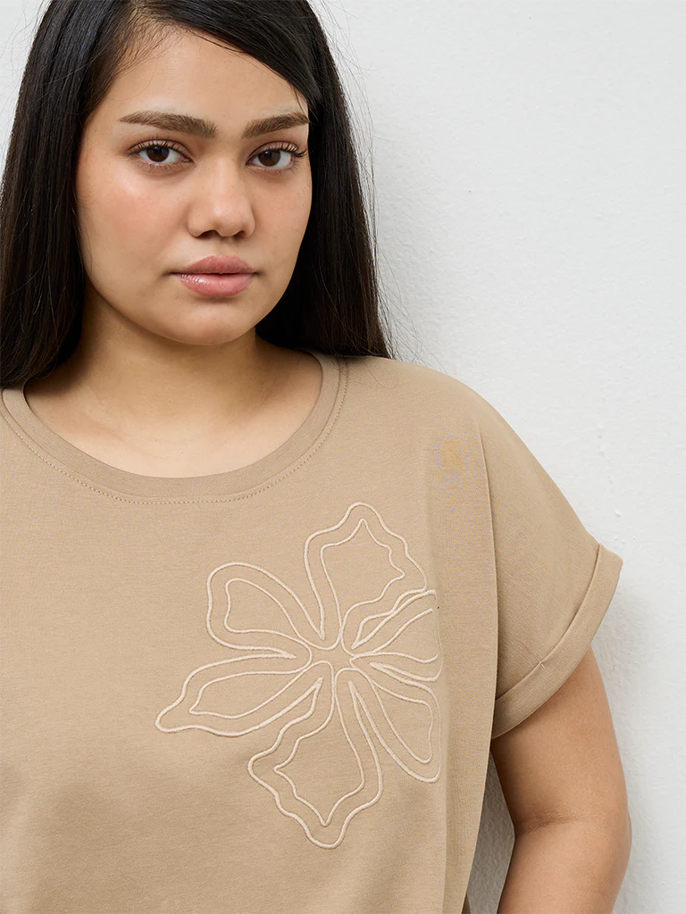 Gia Beige Floral Design Cotton T-Shirt - Image 3